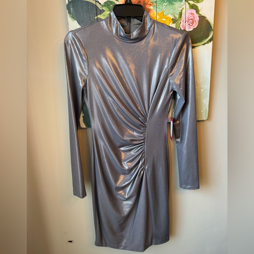 Vince Camuto Metallic Silver Mockneck Sheath Dress